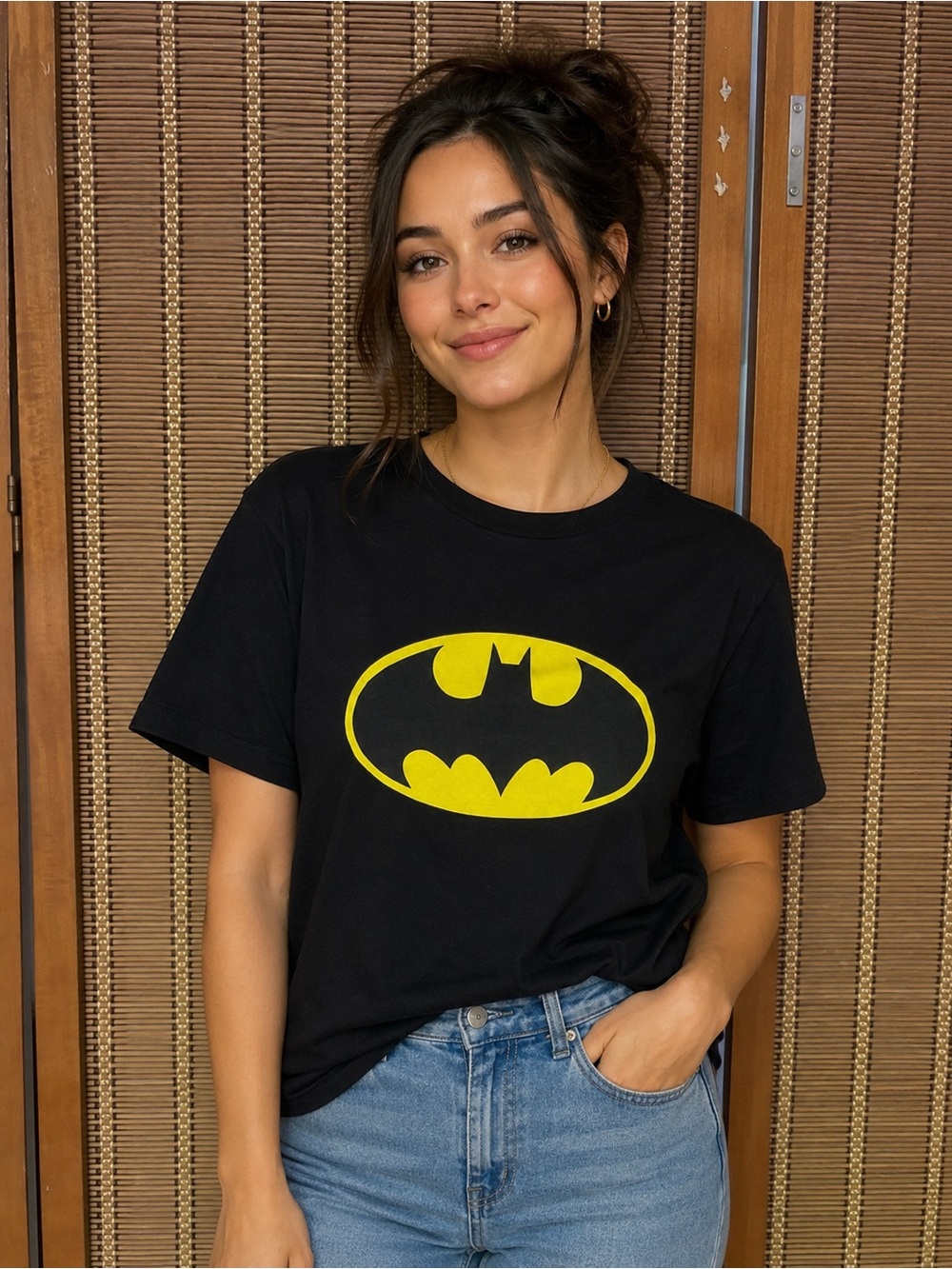 172. Black Batman Logo Tee - Yellow Graphic